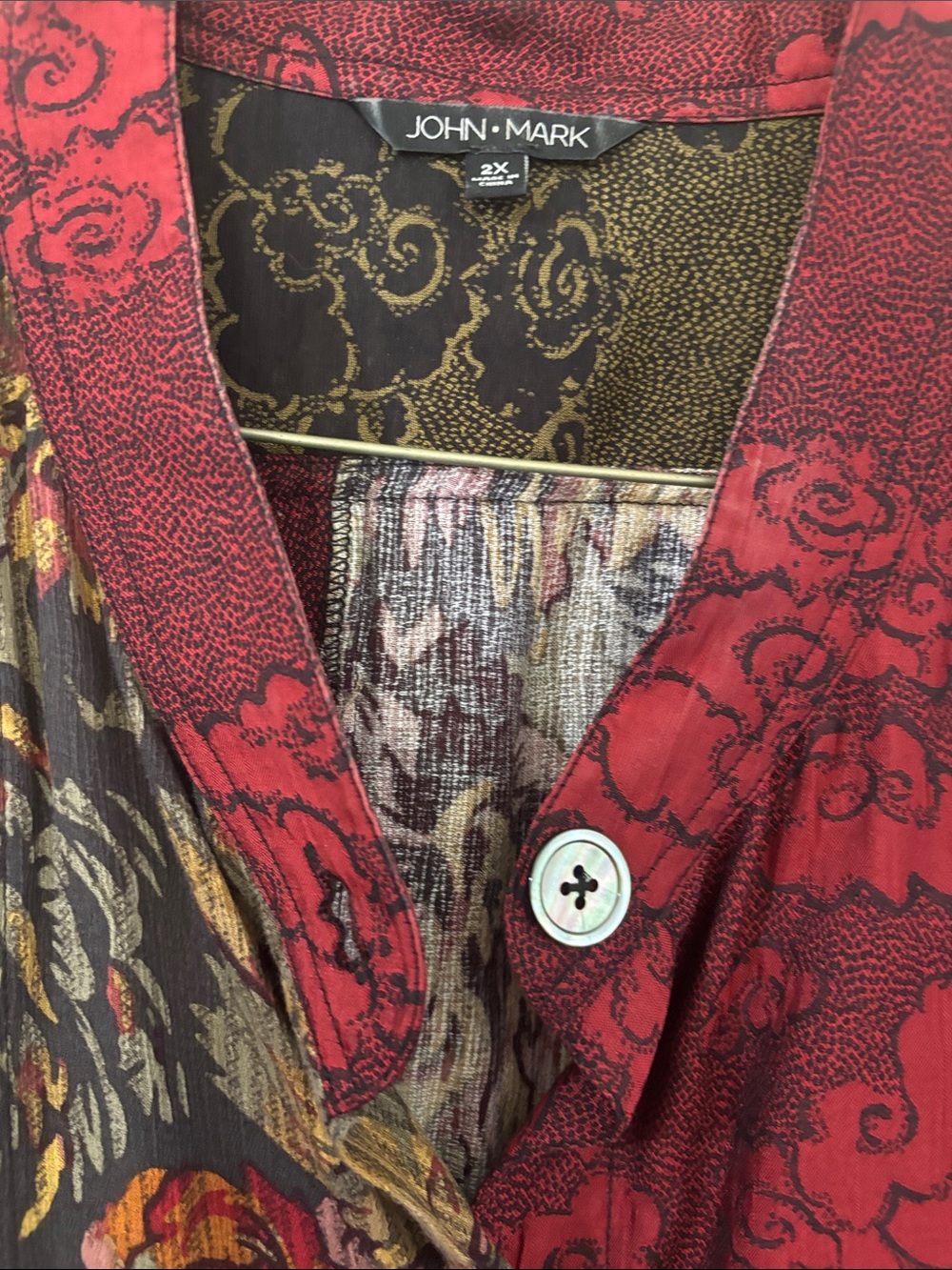 John Mark Patchwork Floral Button-Up Jacket in Red & Olive - Picture 7 of 8